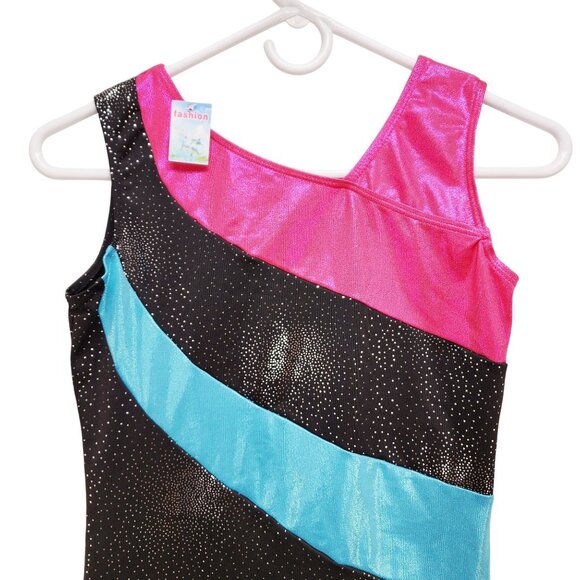 Girls Shiny Gymnastics Tank Leotard With Pink Black & Blue Panels Size 14-15 - Picture 2 of 6